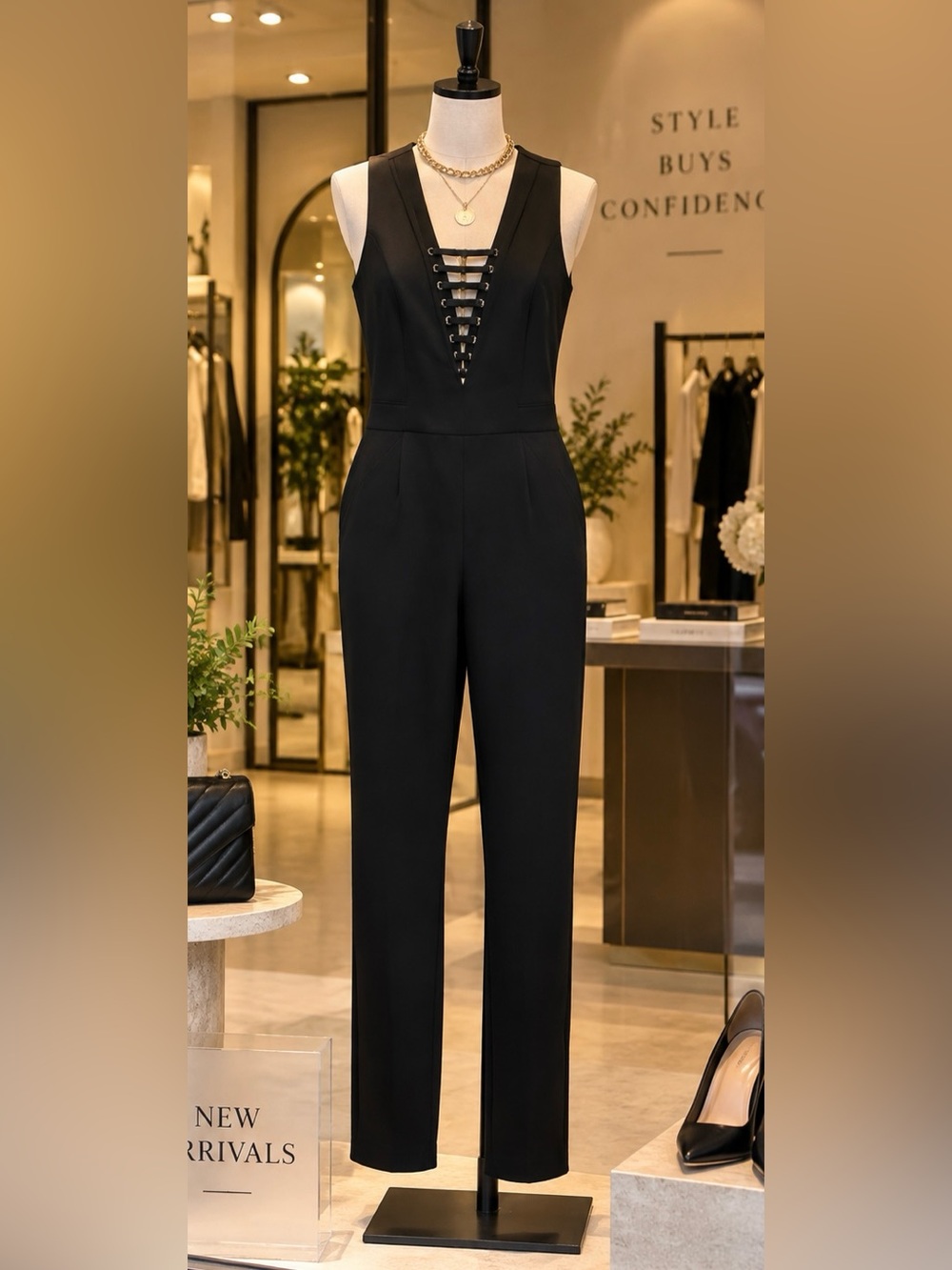 bebe Black Sleeveless V-Neck Lace-Up Jumpsuit